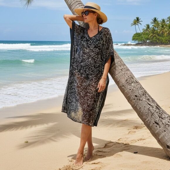 Calvin Klein S Floral Caftan Sheer Maxi Swimwear Cover-up Dress Oversized Cover